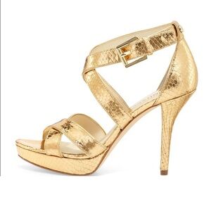 MICHAEL KORS Evie Gold Heels | Gold Snakeskin-Embossed Strappy Heels – Size 8M